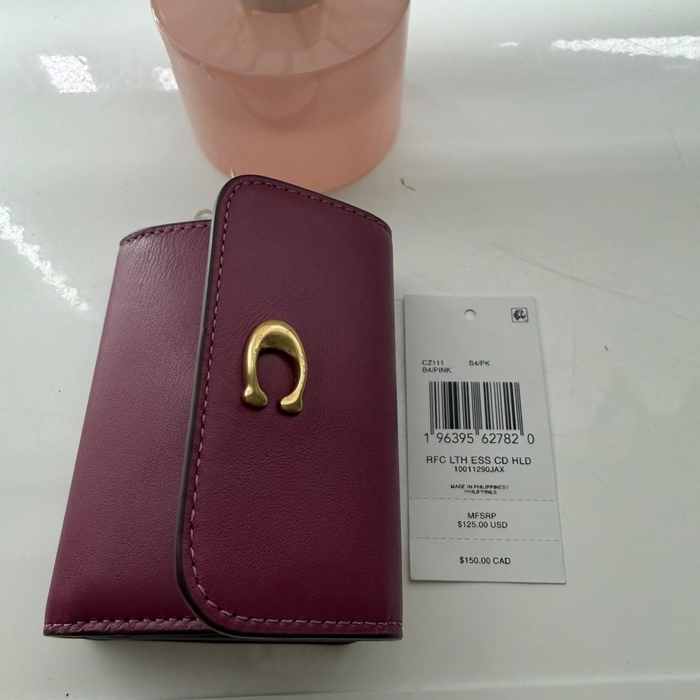 Coach Burgundy Leather Card Holder with Gold Logo